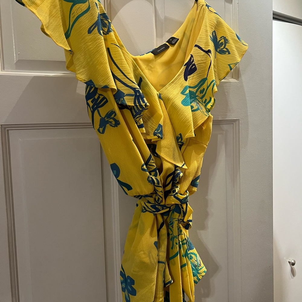 Halogen Yellow and Blue Floral Ruffle Blouse